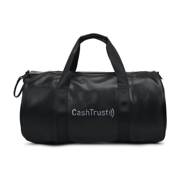 Cashtrust logo on Black leather Duffle/Sports Bag