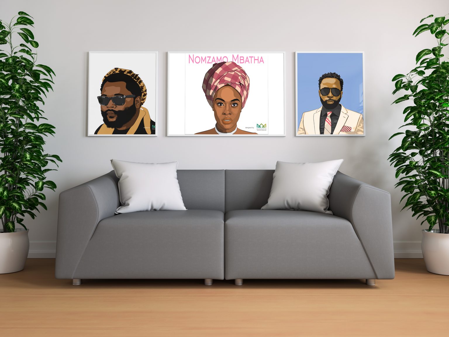 Nomzamo Mbatha, Sjave and Dj Sbu Illustrations on Wall Frames